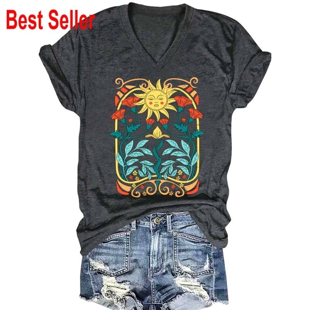 Vintage Floral Graphic Tee V-Neck Short Sleeve Casual T-Shirt Women's